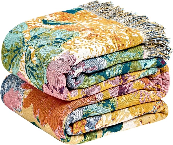 LUTBM Boho Throw Blanket for Couch 50"x60", Cotton Decorative Bed Throws | Reversible Watercolor Floral Jacquard, All-Season, For Chair Sofa Living Room, Soft Lightweight Summer Blankets, Home Decor