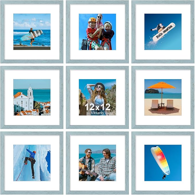 Vittanly 12x12 Picture Frames Set of 9 for Wall Mounting, Rustic Blue | Display Pictures 8x8 with Mat or 12x12 without Mat for Wall Mounting, Square Photo Frames for Home Decor, Engineered Wood