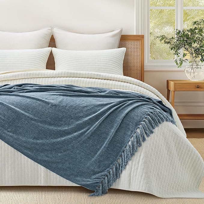 Chenille Knit Throw Blanket for Couch, 50"x60", Cloud Blue | Cozy Plush Fuzzy Knittd Throw with Tassels, Lightweight, Decorative, Farmhouse Decor, Ideal for Bed Sofa Gift, All Seasons