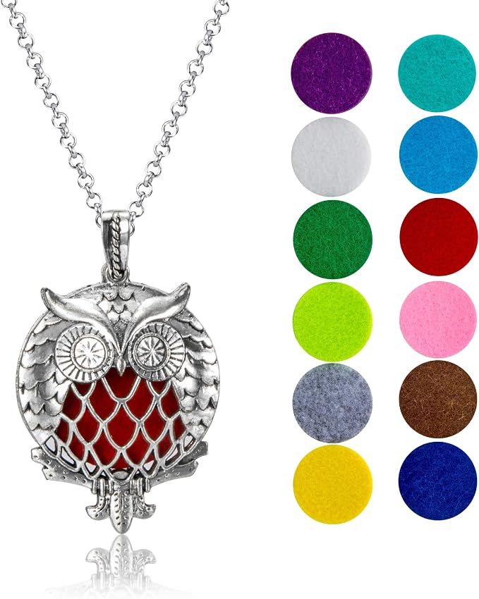 Wild Essentials Owl of Athena Essential Oil Diffuser Necklace Gift Set with Inner Calm & Relax Oils – Nickel Free Alloy Pendant with 8 Color Pads – USA Made Oils & Perfume Necklace – Family Company