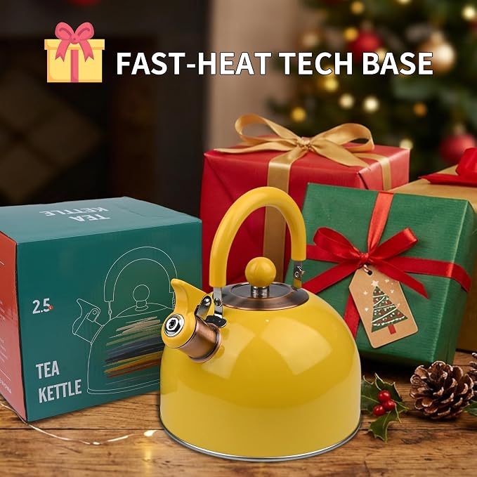 2.6 Quart Yellow Whistling Tea Kettle, tea pot, Stainless Steel, Cool-Touch Handle, Loud Whistle, 7.48-inch Base, Induction Compatible
