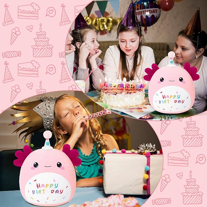 SQEQE Axolotl Stuffed Animal Toy Happy Birthday Axolotl Plush Cute Pink Birthday Plushies Doll Home Decor for Kids Girls Boys 10 Inch