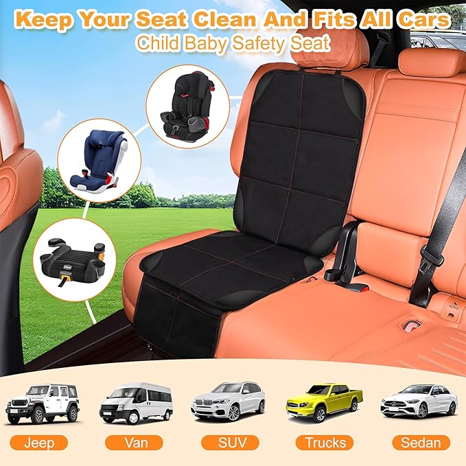 SMART ELF Car Seat Protector, Large Auto Protector for Child Seats with Thickest Padding and Non-Slip Backing Mesh Pockets for SUV, Sedan, Truck, Leather and Fabric - Black