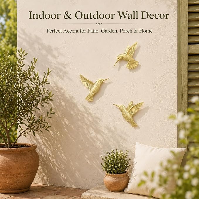 GUSFREUD 3D Hummingbird Wall Decor Set - Gold Resin Bird Wall Decor for Living Room, Bedroom and Gallery Walls - Champagne Gold - Set of 3