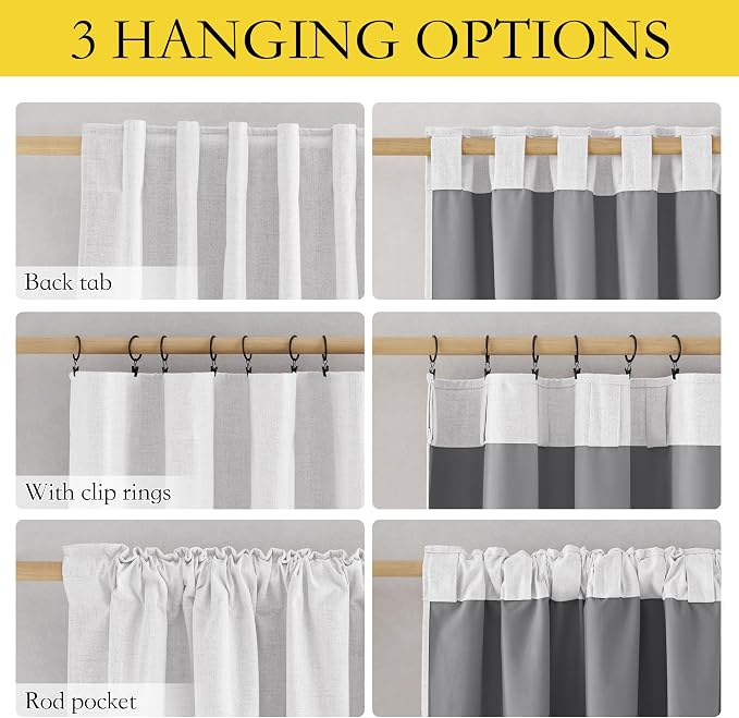 NICETOWN Full Blackout Back Tab Linen Curtains 84" Long 2 Panels Set, Boho-Chic Thick Linen Blend Drapes, Insulated Window Covers with Gray Backing for Bedroom, Living Room (Greyish White, 42" Wide)
