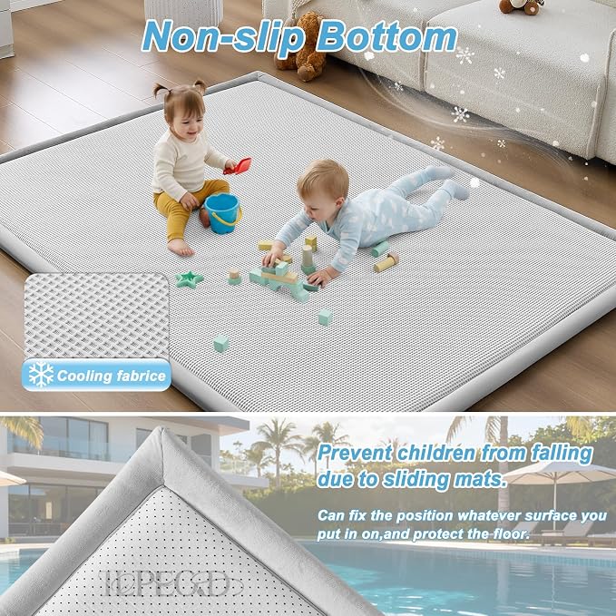 Baby Play Mat for Floor Nursery Rug Muscle Area Rug Playroom Rug 50x50" Elastic Foam 1.3" Thick Crawling Mat for Babies,Toddlers, Infants,Kids(Plaid Light Grey)