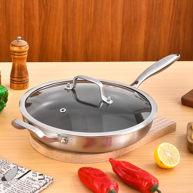 Inqibee 12 Inch Hybrid Nonstick Chef's Pan with Lid | Tri-Ply Stainless Steel Skillet for Meals, Honeycomb Scratch Resistant Surface, Induction Cooking Pan, Dishwasher & Oven Safe