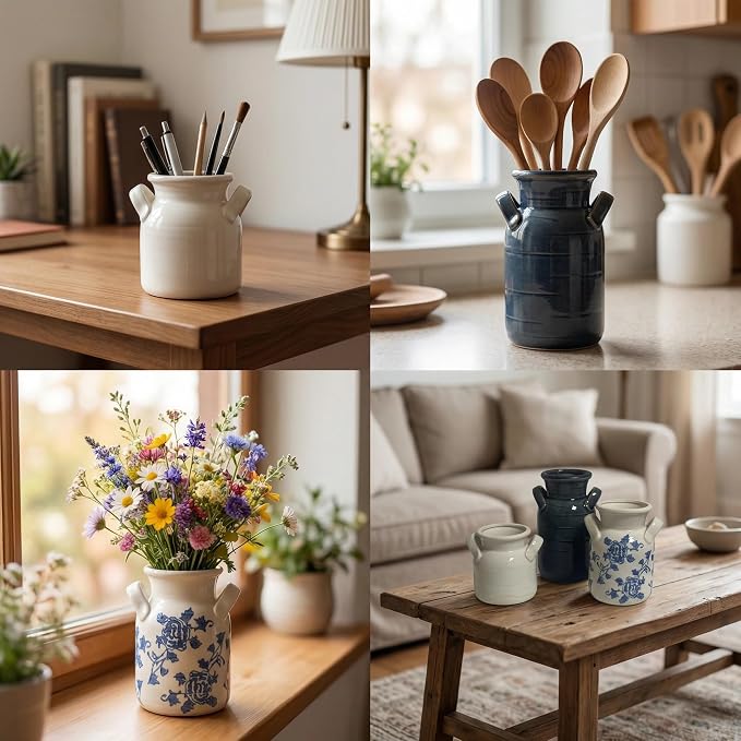 Ceramic Vase Set of 3 with Two Handles, Blue White Neutral Rustic Modern Farmhouse Boho Decor, Versatile as Table Centerpiece or Mantel & Shelf Accent - Unique Home Gift Idea