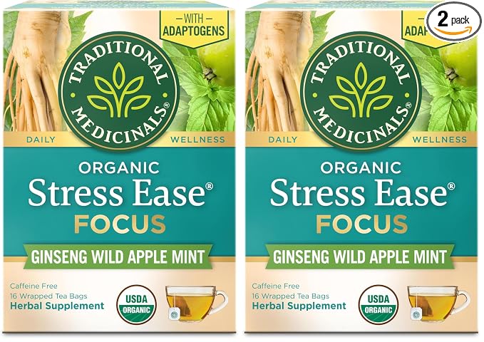 Traditional Medicinals Organic,Stress Ease Focus,Ginseng Wild Apple Mint Tea - Balanced Energy Support & Adaptogens - Kosher,Non-GMO,Caffeine-Free,Compostable - 16 Tea Bags,(Pack of 2)
