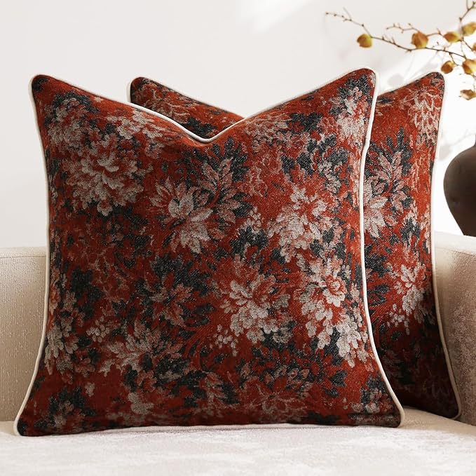 Pack of 2 Vintage Floral Throw Pillow Covers 22x22 Boho Farmhouse Accents Chenille Square Decorative Pillow Cases for Living Room Couch Bed Home Decor, Rust