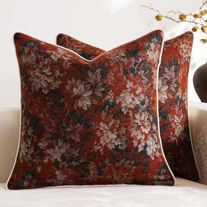 Pack of 2 Vintage Floral Throw Pillow Covers 20x20 Boho Farmhouse Accents Chenille Square Decorative Pillow Cases for Living Room Couch Bed Home Decor, Rust