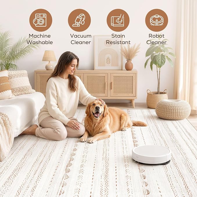 Nakagishi Boho 9x12 Area Rug Living Room Rugs Machine Washable Brown | Soft, Pet & Kid Friendly, Carpet for Living Room/Bedroom/Office/Kitchen/Nursery, Daily Home Decor Stain Resistant Moroccan