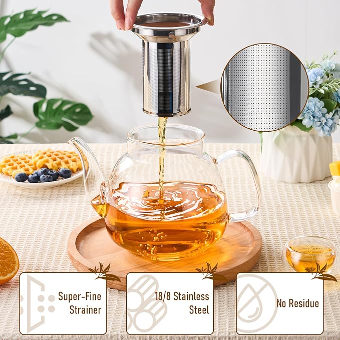 PARACITY Glass Teapot Stovetop 50 OZ/1500ml, Tea pot with Removable 18/8 Stainless Steel Infuser, Borosilicate Clear Tea Kettle, Teapot Blooming and Loose Leaf Tea Maker Tea Brewer for Camping, Travel