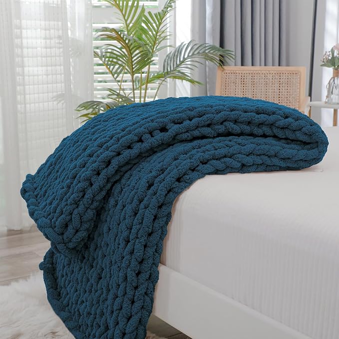 Bigacogo Chunky Knit Throw Blanket for Couch, 40x40 inches, Deep Sea Blue | Hand Knit with Jumbo Chenille, Soft Breathable Cable Knit for Sofa Bed Living Room, Machine Washable, Gift for Mom Friend