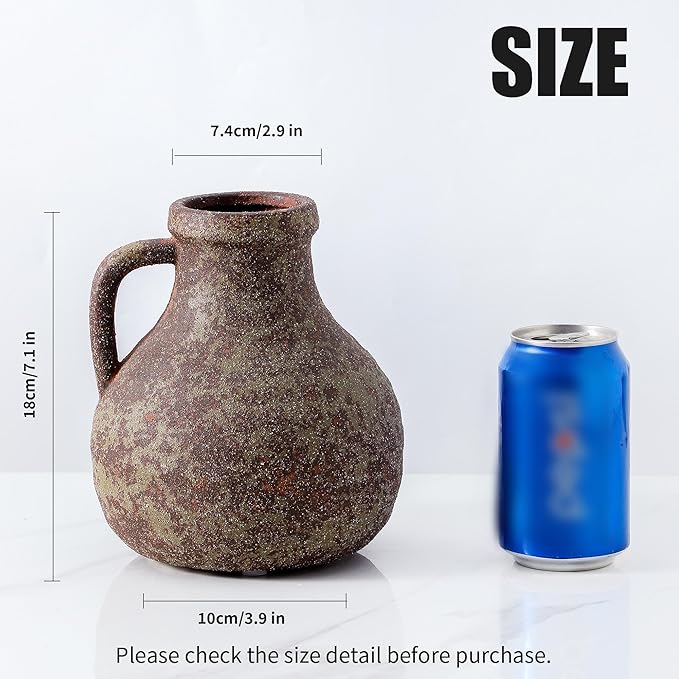 Ceramic Flower Rustic Vase, 7.1 Inch Farmhouse Rusty Vases for Home Decor Handcrafted Pottery Vase Small Terracotta Vases for Dining Table Decor Fireplace Living Room Bathroom Wedding Centerpiece