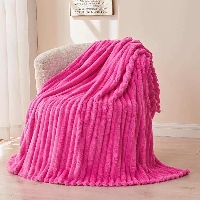 NEWCOSPLAY Super Soft Twin Blanket Hot Pink Premium Silky Flannel Fleece 3D Ribbed Jacquard Lightweight Bed Blanket All Season Use (Hot Pink Ribbed, Twin(60"x80"))