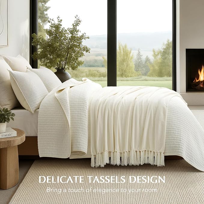 Chenille Knit Throw Blanket for Couch, 60"x80", Ivory White | Cozy Plush Fuzzy Knittd Throw with Tassels, Lightweight, Decorative, Farmhouse Decor, Ideal for Bed Sofa Gift, All Seasons