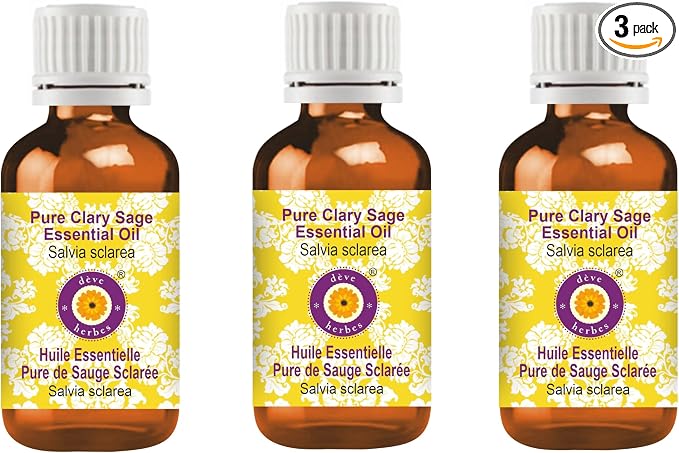 Deve Herbes Pure Clary Sage Essential Oil (Salvia sclarea) Steam Distilled (Pack of Three) 100ml X 3 (10 oz)