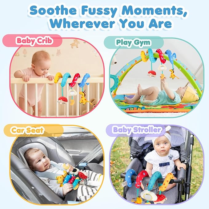 URMYWO Car Seat Toys for Babies 0-6 Months, Hanging Toy Fits Stroller, Sensory Baby Toy with Bell Crinkle Mirror, Baby Travel Gear Shower Gift for Boys Girls, Valentines Gifts Easter Basket Stuffers