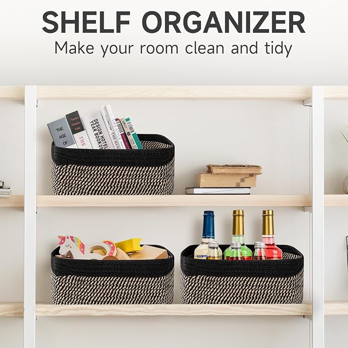 3 Pack Storage Baskets for Organizing, 13.7×9.5×6.3", Black Brown | Woven Baskets for Shelves, Cotton Rope Basket for Gifts Empty, Closet Organizer Bins with Handles, Cube Decorative Box