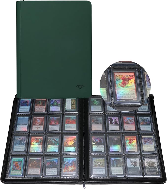 GrinOwl 16 Pocket Top loader Binder, Holds 640 Top Loaders, Large Top loader Card Binder with Sleeves for Cards in 3" x 4" Top loaders (Green)