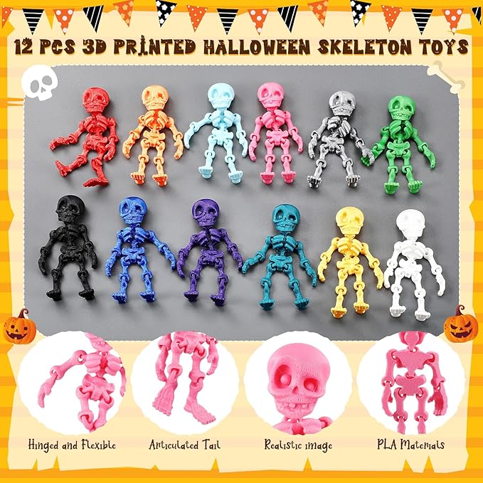 Honoson 12 Pcs 3D Printed Fidget Toy 3D Printed Skeleton Man Small Animal Toy Flexible Halloween Christmas Decoration for Play and Display(8cm)