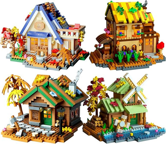4 Styles Forest Flowers Wood Frame Cabin Mini Micro Building Blocks Set - Exquisite Cottage Construction Toys, Fun DIY Project for Adults & Kids, Premium Gift for Block Enthusiasts