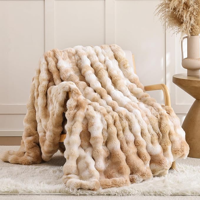 Faux Fur Throw for Couch - Tie-dye Camel Bubble Blanket 50"x60" | Fluffy Plush Fuzzy Throw for Sofa & Bed, Super Soft Cozy Comfrt Blanket, Luxury Aesthetic Camel Decor Gift for Women