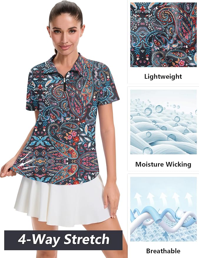 LOMON Womens Golf Polo Shirt Summer Short Sleeve Quarter Zip Outfit | Side-Pockets,Princess Seams,Cotton,Wrinkle Free,Moisture Wicking,Quick-Dry,Lightweight,Collared,for Tennis Workout
