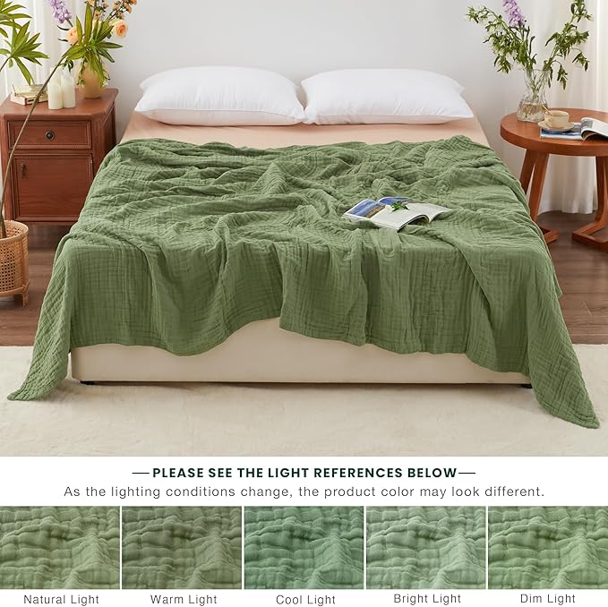 Love's cabin 100% Cotton Muslin Blanket, 6 Layer Lightweight Breathable Gauze King Size Blanket 108 x 90 Inches, Soft Summer Blanket for Bed, Sage Green