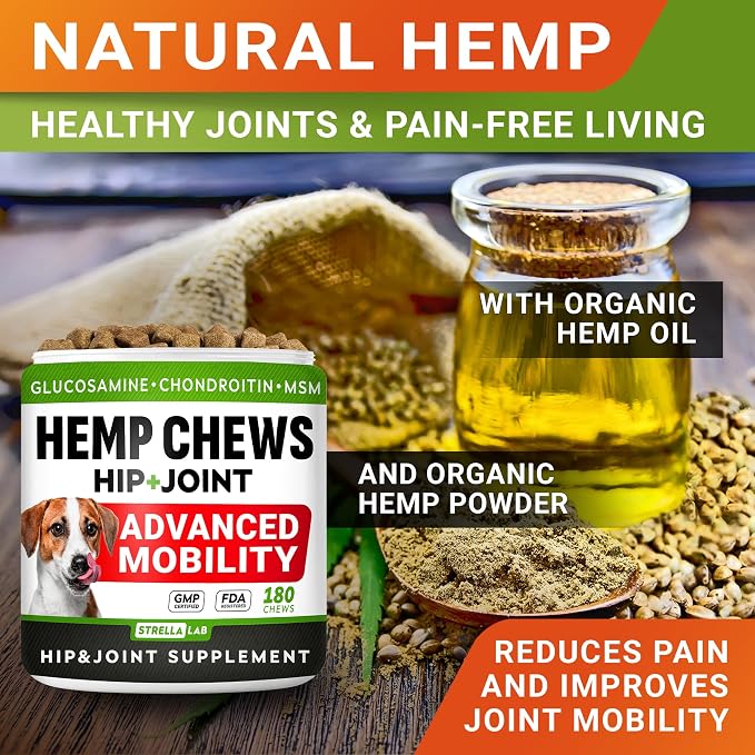 STRELLALAB Hemp Chews for Dogs - Hip & Joint Supplement with Glucosamine - Joint Pain Relief Treats - Omega 3, Chondroitin, MSM - Advanced Mobility Support - Chicken Flavor - 180 Ct - Made in USA