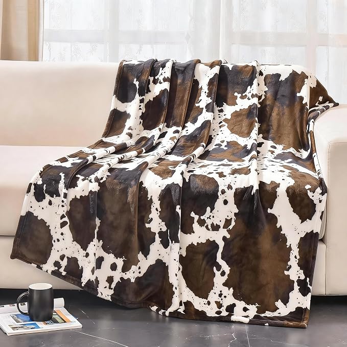 Bnuitland Brown Cow Print Throw Blanket 300 GSM Double Sided Fuzzy Decor Lap Blanket for Bed/Sofa/Couch, Super Soft Cozy Flannel Throw Gift for Adults and Kids, 50×60 inch