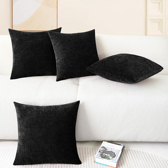 CaliTime Decorative Couch Throw Pillow Covers 18 X 18 Inches Black | Pack of 4, Cozy Chenille Cushion Cases for Sofa Bed Living Room Farmhouse Home
