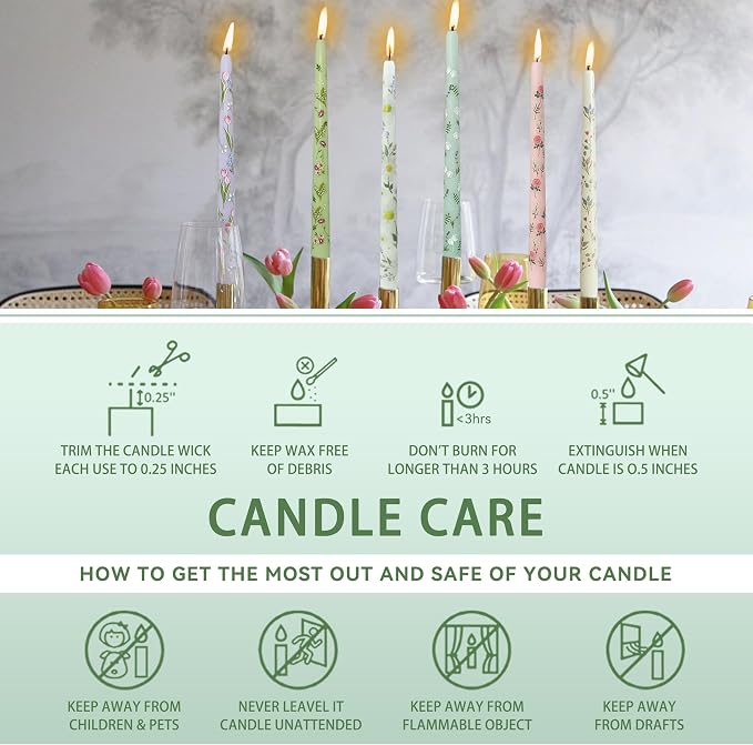 Hyacinth Printed Taper Candle Dripless Candles Sticks - 4 pcs Handmade White Taper Candle 10 inches Long Tapered Candles for Home Party Wedding Restaurant Holiday Decor