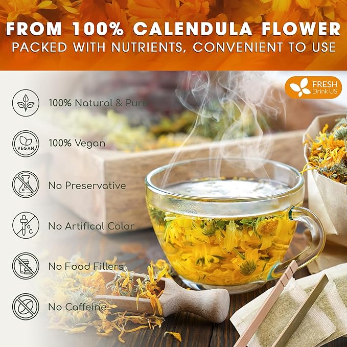 FreshDrinkUS, Premium 55 Calendula Tea Bags, 100% Natural and Pure Calendula Flowers, Eco-conscious Tea Bags. Herbal Tea. No Sugar, No Caffeine, No Gluten, Vegan.
