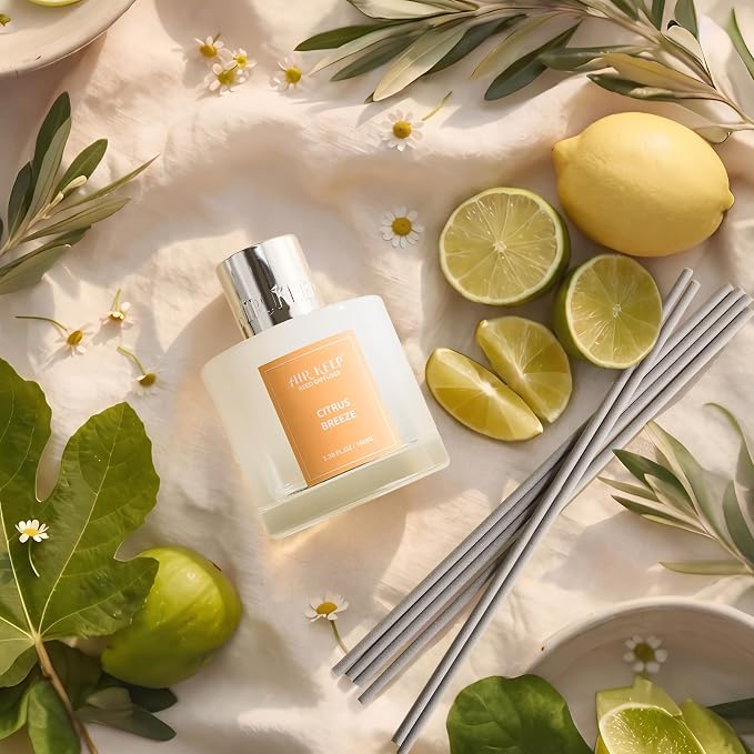 Airkeep Reed Diffuser Set,3.38 fl oz (100 ml) - Citrus Breeze Oil Diffusers with 8 Reed Sticks, Home Fragrance Reed Diffuser for Bathroom Shelf Decor