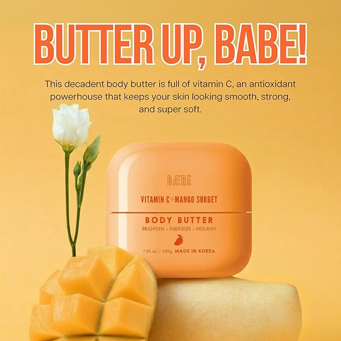 Vitamin C Body Butter with Mango Sorbet – Dermatologist Tested, Anti-Aging Korean Skin Care – Deep Hydration, Soft Dewy Glow, Fast-Absorbing & Non-Greasy – Vegan, Clean Beauty – 7.05 Oz