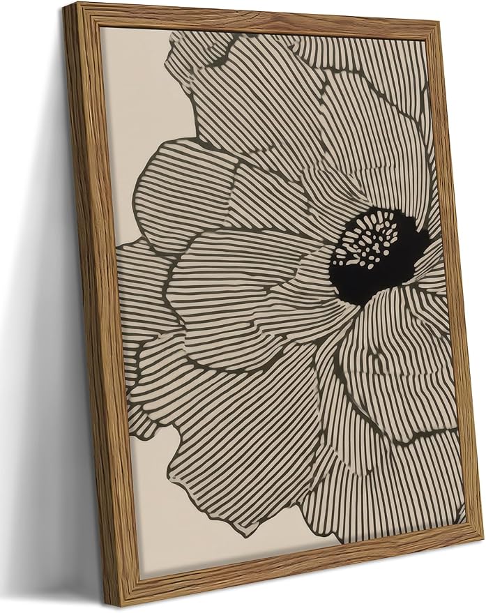 Framed Abstract Floral Wall Art, Neutral Lines Flower Canvas Wall Decor Painting, Modern Minimalist Botanical Poster Print Picture for Living Room Bedroom Bathroom 16x24 Inch