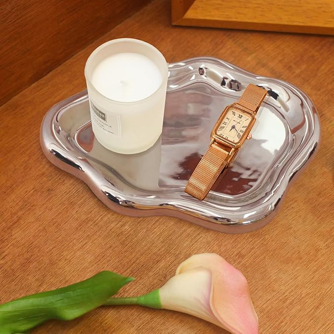CCINPPY Ceramic Cloud Jewelry Tray Trinket Dish Key Bowl Nightstand Decor | Decorative Small Desk Tray Jewelry Plate Key Holder Bowl Cute Bedroom Room Decor Aesthetic, Gift for Women, Silver Medium