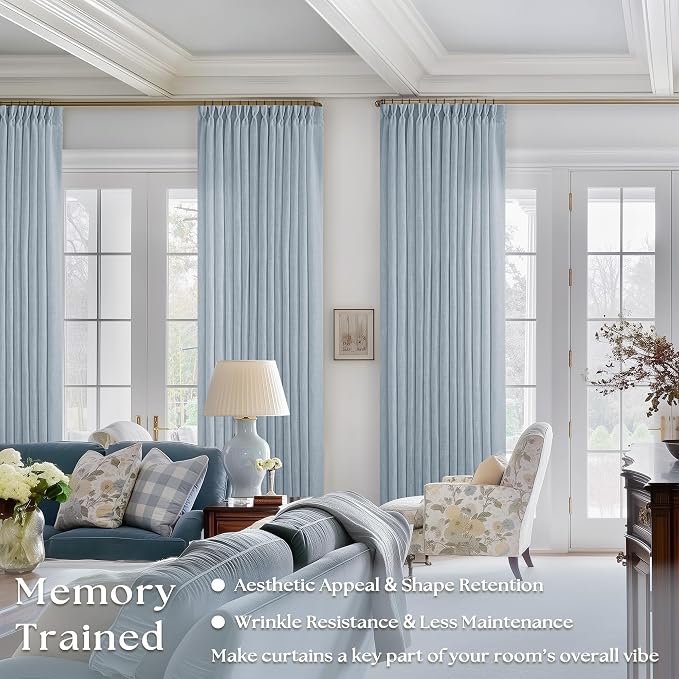 Dusty Blue Pinch Pleated Linen Curtains 84 Inches Long 2 Panels Set for Living Room Dining Pinch Pleat Back Tab Light Filtering Boho Coastal Window Curtain Drapes 84 Inch Length Light Sky Blue