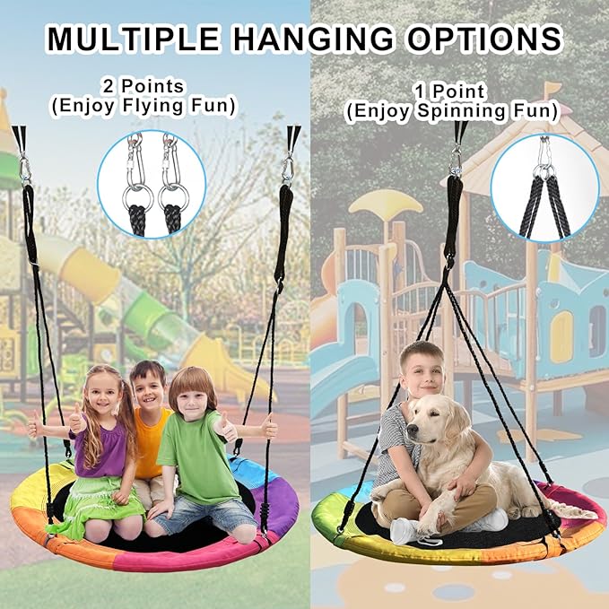 40 Inch Saucer Tree Swing for Kids & Adults – Large Round Disc Swing, 700 lb Weight Capacity with Hanging Straps & Adjustable Ropes for Playground, Backyard & Swingset (Rainbow)