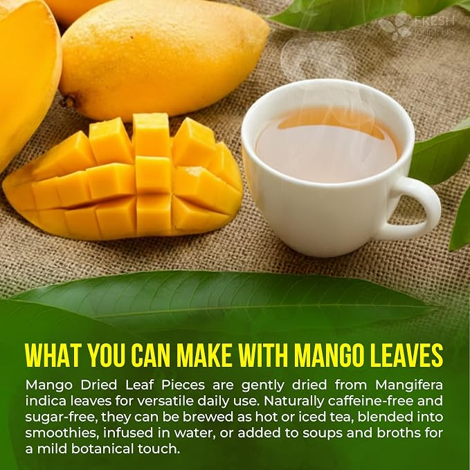 FreshDrinkUS, 8 oz Premium Dried Mango Leaves (Mangifera indica) – Cut & Sifted Loose Leaf for Herbal Tea – Natural Botanical Leaves for Hot & Iced Infusions – Non-GMO, No Additives, Resealable Pouch