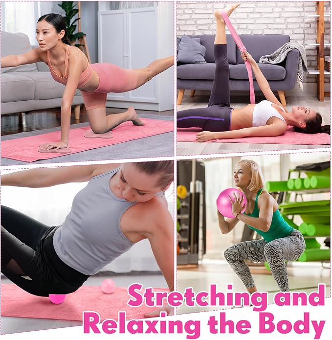 Simgoing 14 Pcs Yoga Kits for Home Workouts Pilates Equipment Set for Women Beginners, Hot Yoga Towel Blocks Strap, Knee Pad, Resistance Loop Exercise Band, Massage Lacrosse Ball, Pilates Ball