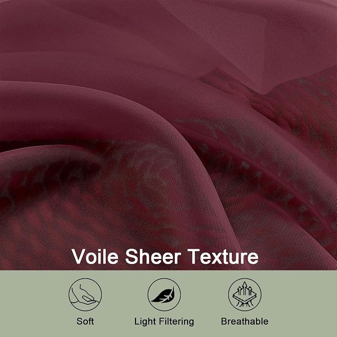 OWENIE Sheer Curtains 2 Panels Set for Bedroom Living Room, Soft Solid Rod Pocket Light Filtering Window Treatment, 2Pcs Each 59" W x 108" L, Burgundy Wine