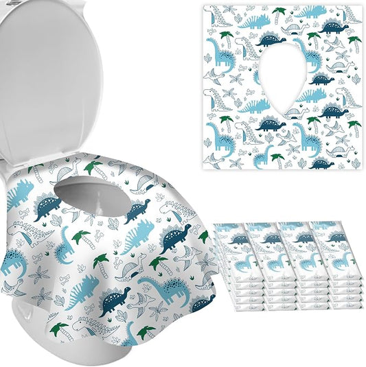 DEEKI 20 Pcs Toilet Seat Covers Disposable for Kids&Adults, Extra Large No-Slip Waterproof for Kids Toddler Potty Training, Portable Travel Essentials for Public Restrooms Toilets Airplane -Dinosaur