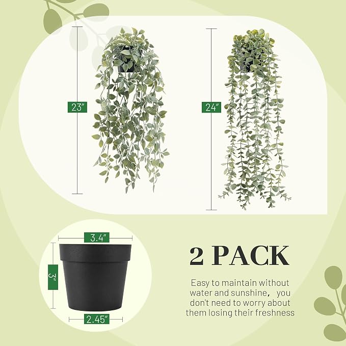 Der Rose 2Pcs Fake Hanging Plants with Black Pot for Bathroom Shelf Decor | Boho cascading eucalyptus and mandala vine creates a modern natural accent, adding depth to office, bookcase, bedroom decor