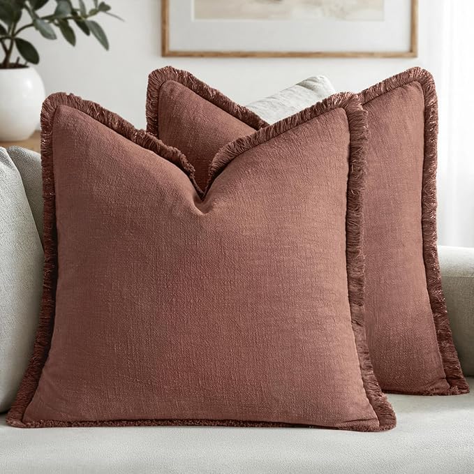 MIULEE Linen Fringe Decorative Fall Throw Pillow Covers Autumn Glaze 20x20 | Set of 2, Cottagecore Decor, Boho Farmhouse Neutral Pillow Covers, Rustic Fall Couch Cushion Cases for Sofa Bed Living Room