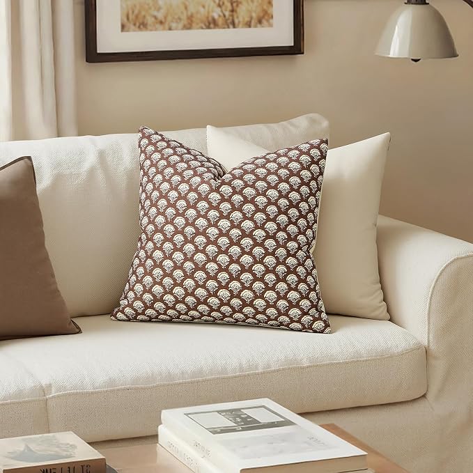 MIULEE Fall Floral Print Decorative Pillow Covers 20x20, Dark Brown | Vintage Boho Farmhouse Modern Home Decor, Set of 2, Block Print Cushion Covers for Couch Sofa Bed Living Room