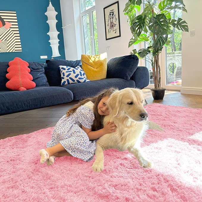 OLANLY 6x9 Machine Washable Large Area Rugs for Living Room, Bedroom, Soft Fluffy Shaggy Bedside Rug, Indoor Floor Carpet for Kids Girls and Boys, Dorms, Nursery, Home Decor Aesthetic, Pink