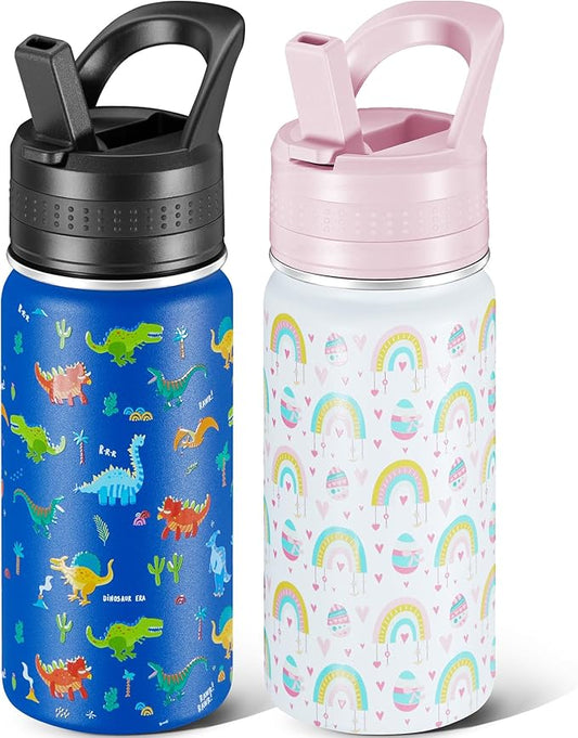 2 Pack Kids Water Bottle,14oz Stainless Steel Insulated Water Tumbler Leak-Proof,School Water Mug,Small and Portable,Suitable for Boys and Girls to Use(Blue dinosaur + White rainbow)